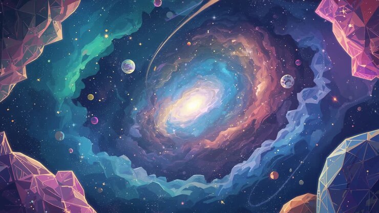 Displaying spiral galaxy swirling into nebula clouds above starfield with asteroids and cosmic dust