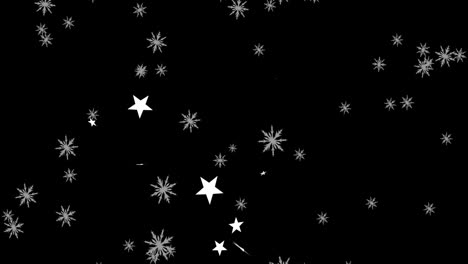 digital animation of multiple stars and snowflakes icons floating against red background