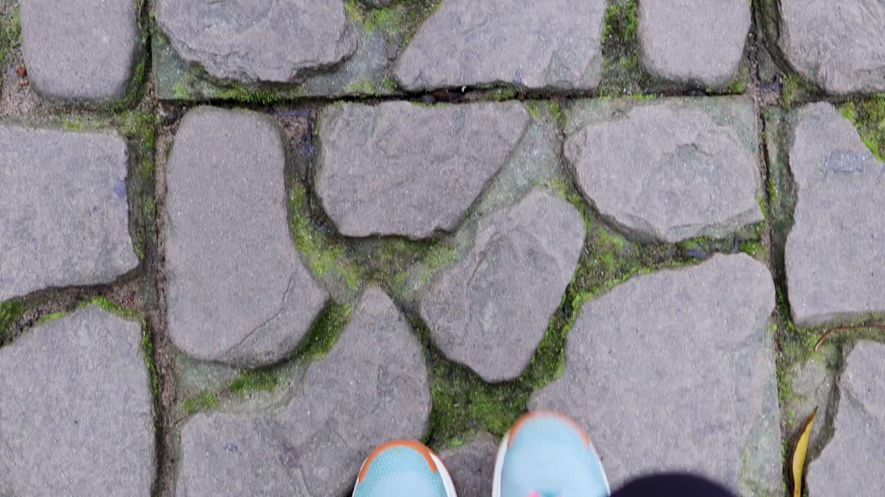 A person walks on a stone path, showcasing colorful sneakers and lush green surroundings in a rainforest environment