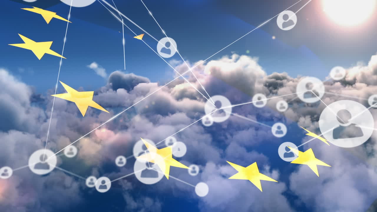 eu의  ⁇ 발 위에 아이콘과 구름으로 연결된 네트워크의 애니메이션