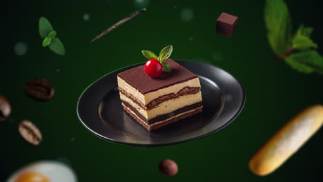 introducción de animación de postre de tiramisu para publicidad o marketing en fondo verde para restaurantes con los ingredientes del postre volando en el aire - agregue precio o venta