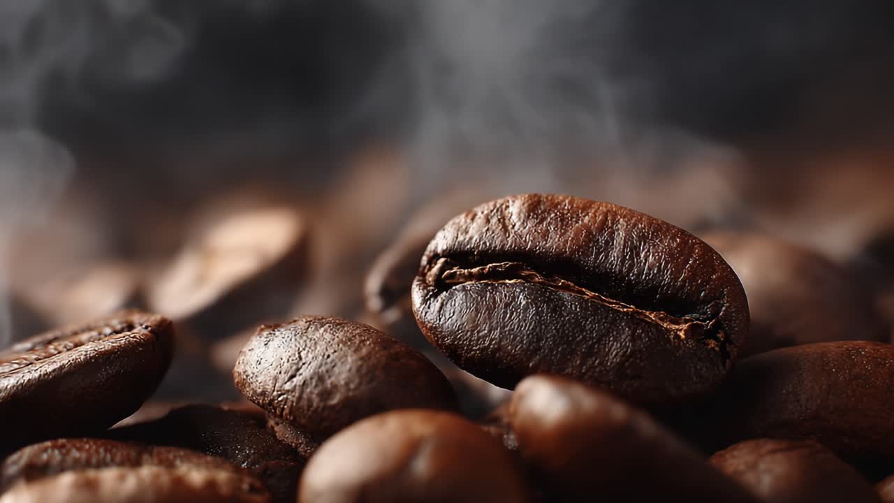Eine Nahaufnahme von kräftigen, dunklen Kaffeebohnen mit aufsteigendem Dampf, die ihre Textur und ihr Aroma hervorhebt, welche für ein perfektes Kaffeeerlebnis unerlässlich sind