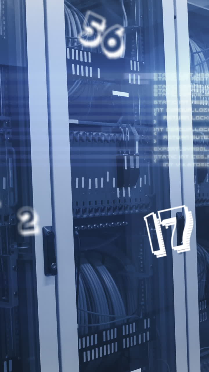animación de números cambiando sobre la sala de tecnología con servidores de computadora