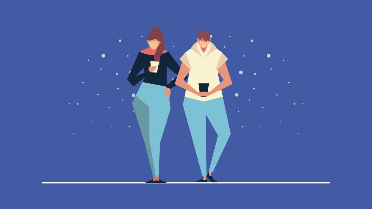 pareja usando teléfonos inteligentes personajes que caminan