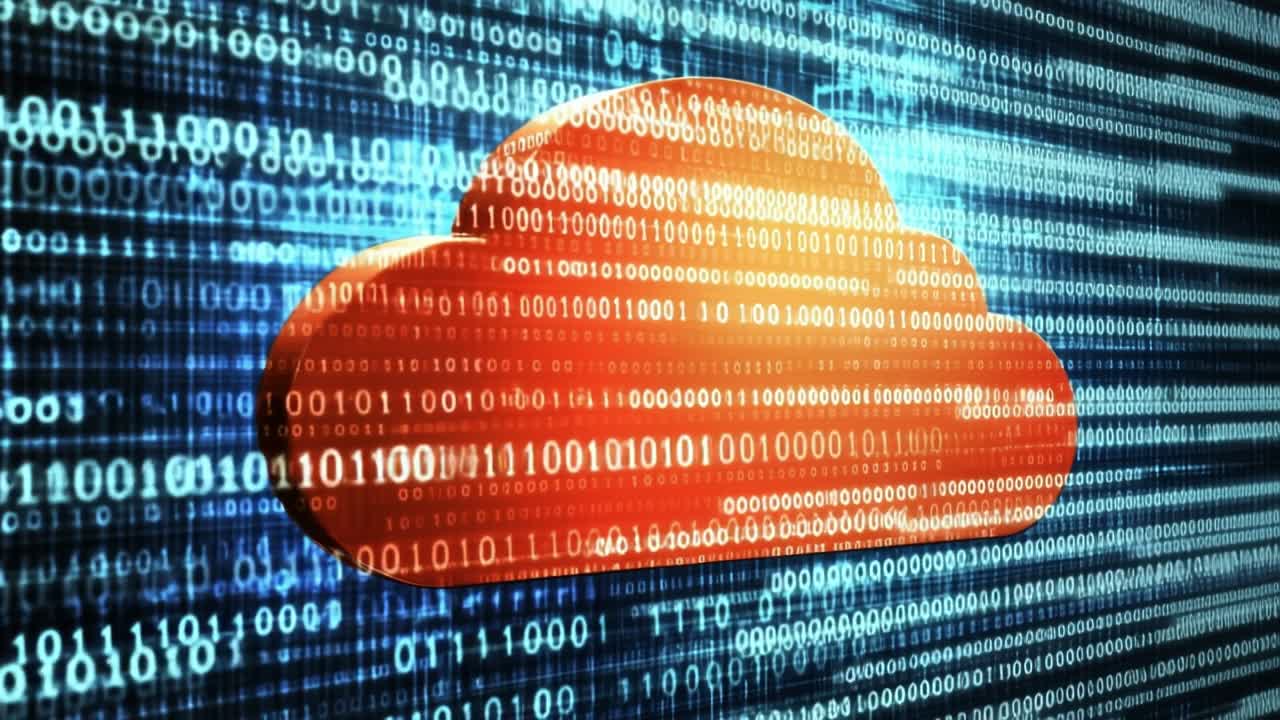 Cloud network and data visuals. Bright orange cloud icon appears among cascading binary numbers in a digital environment, representing data storage.