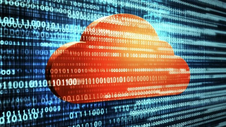Cloud network and data visuals. Bright orange cloud icon appears among cascading binary numbers in a digital environment, representing data storage.