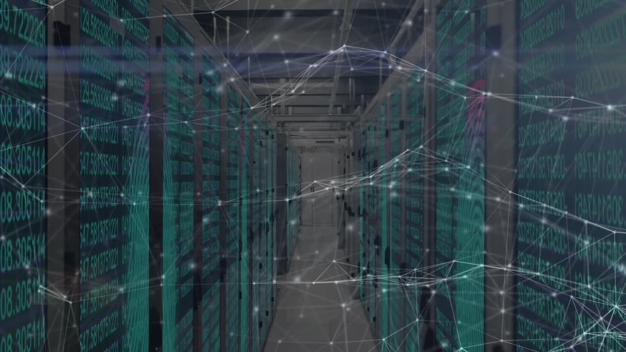 Camera moving down server corridor as racks blinking lights and streaming code showing network flow