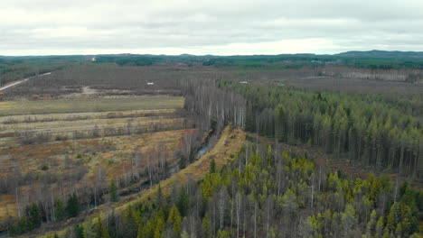 aerial, drone shot, towards a river, surrounded by leafless, autumn forest and fields, on a cold, cloudy, fall day, in juuka, north karelia, finland