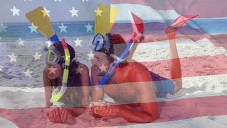 animation of flag of usa over caucasian couple on beach in summer