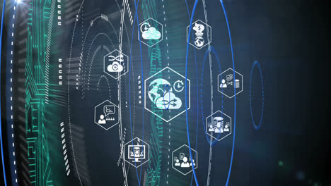 Animation-of-network-of-connections-with-icons-and-cloud-on-blue-background