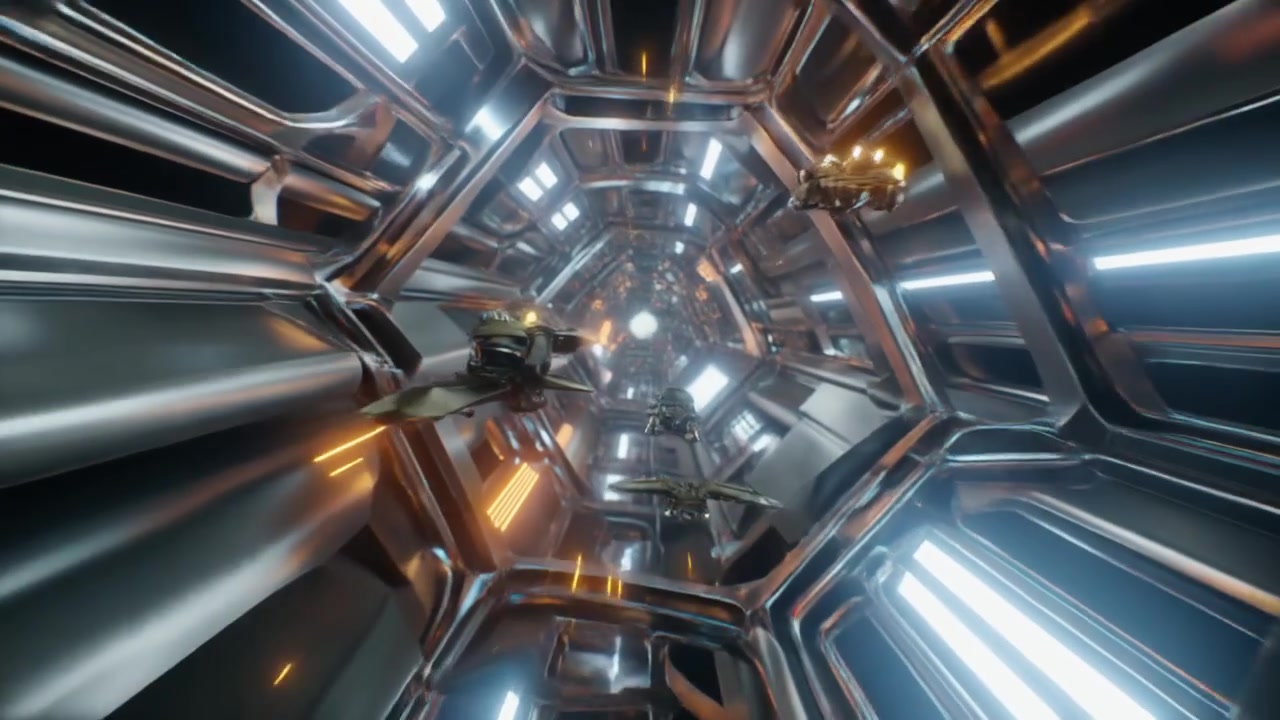 Futuristic Spaceships Flying Through Metallic Tunnel