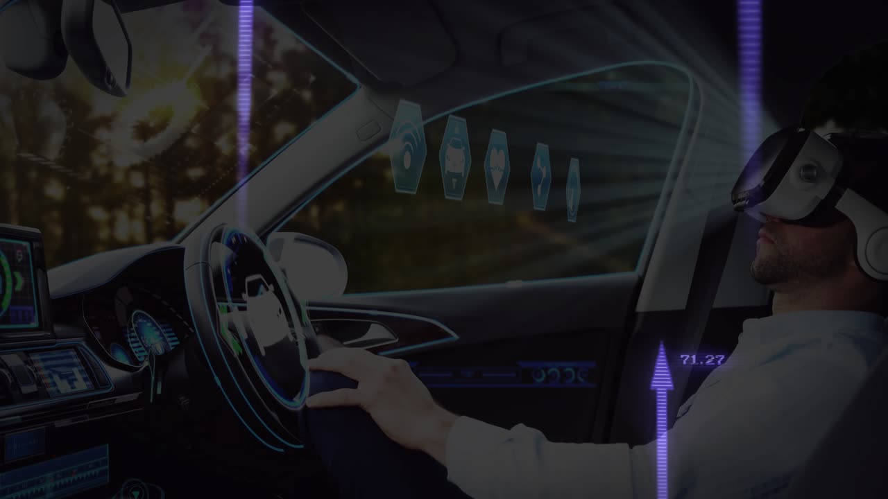 Driver wearing VR headset activating HUD, building arrows and numbers over wheel testing auto tech