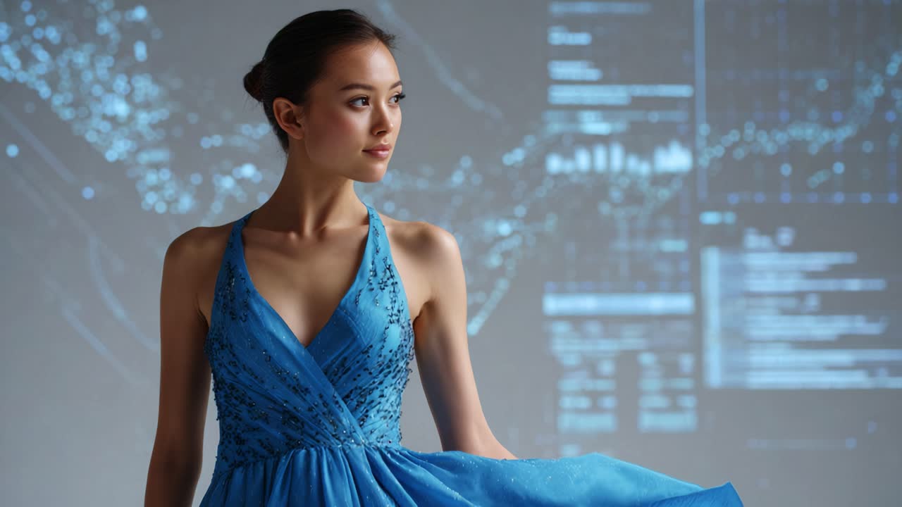 A Graceful Model Dressed in a Stunning Blue Gown Poses Elegantly Against a Modern Digital Background with Visual Data Representations and Graphs