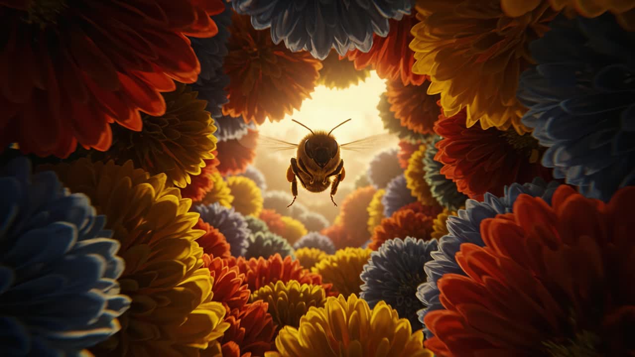 A Dramatic Encounter Between a Bee and Vibrant Flowers: Capturing the Beauty of Nature's Pollinators amidst a Colorful Floral Landscape