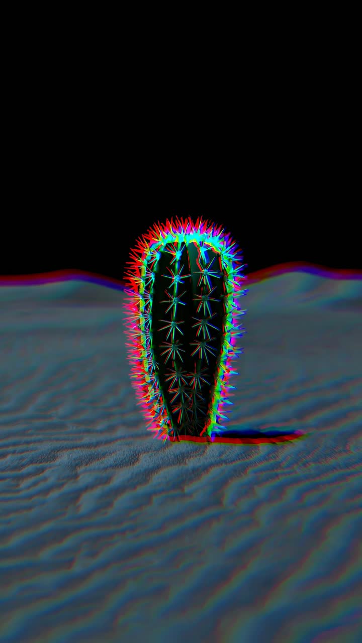 A neon-outlined cactus in a desert at night, captured from a low angle