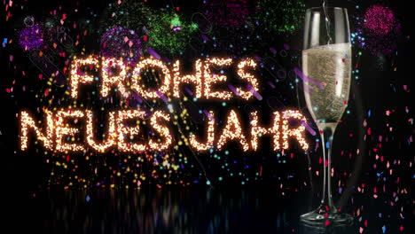 animation of glittering text frohes neues jahr, with fireworks and champagne glass, on black