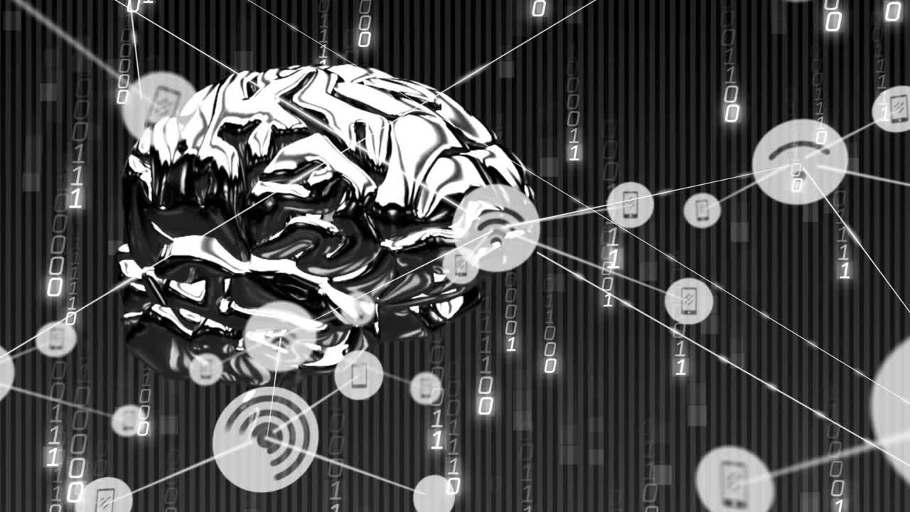 Animation of digital brain with binary code and network connections in concept