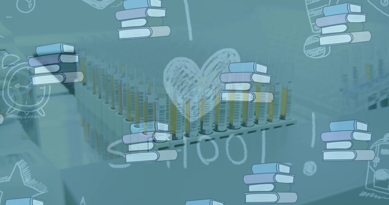 Animazione di icone di cuore e libro su un laboratorio
