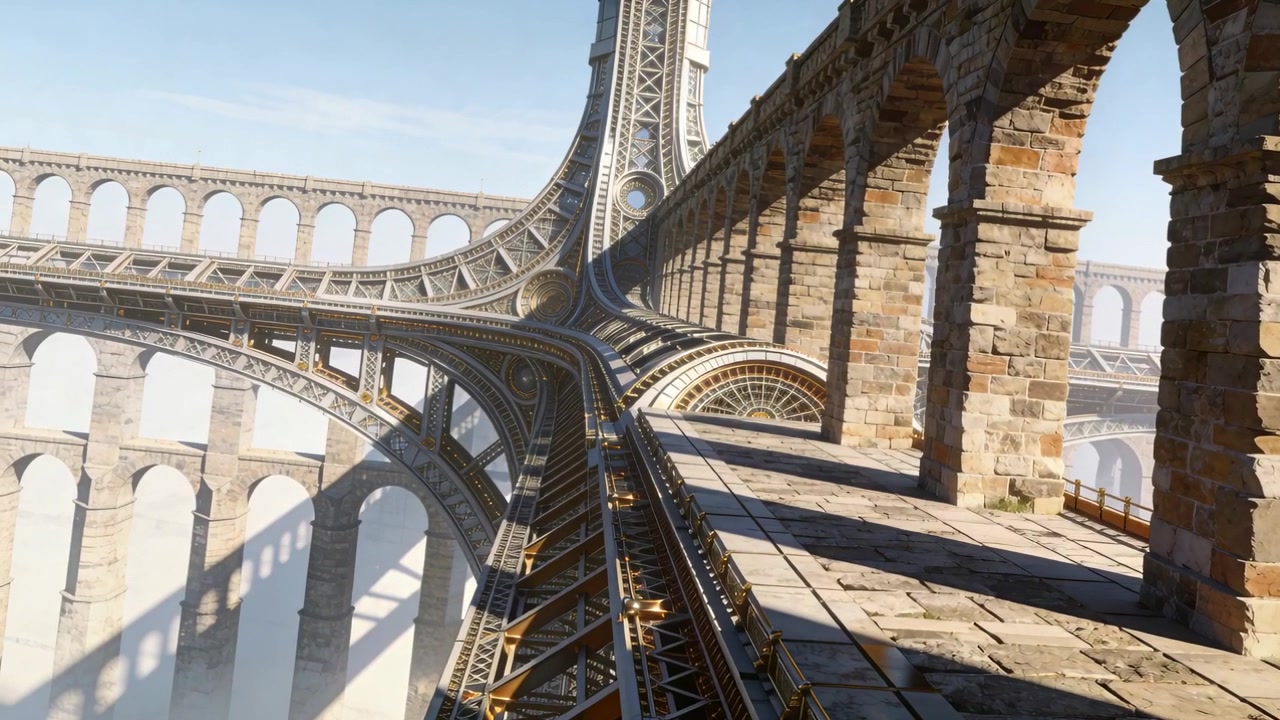 Inizia il movimento, una rotaia metallica centrale guida la telecamera lungo un viadotto verso un centro circolare, colonnato