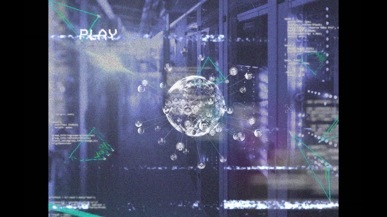 컴퓨터 서버를 통해 아이콘으로 연결된 플레이 인터페이스, 글로브 및 네트워크의 애니메이션