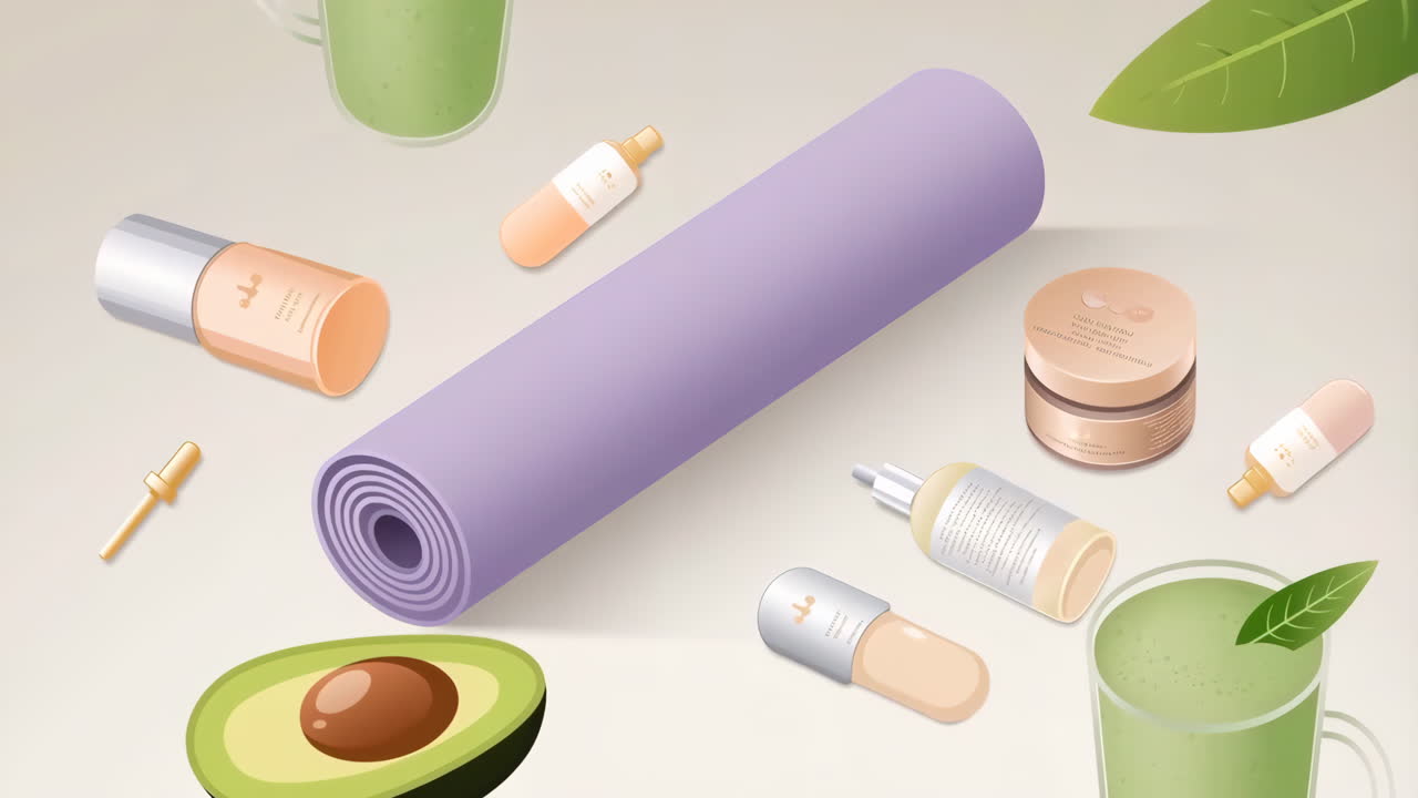 Holistic Wellness and Beauty Essentials with Yoga Mat, Skincare, and Healthy Food