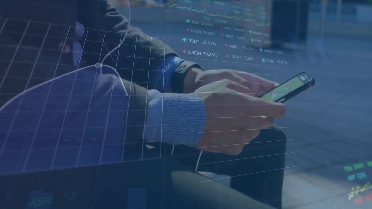 길거리에서 스마트폰을 사용하는 사람의 중간 섹션에 대한 주식 시장 데이터 처리의 애니메이션