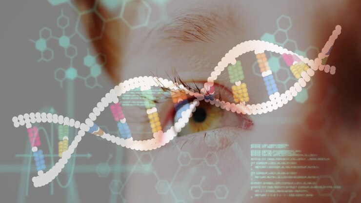 Animation of dna strand and data processing over eye