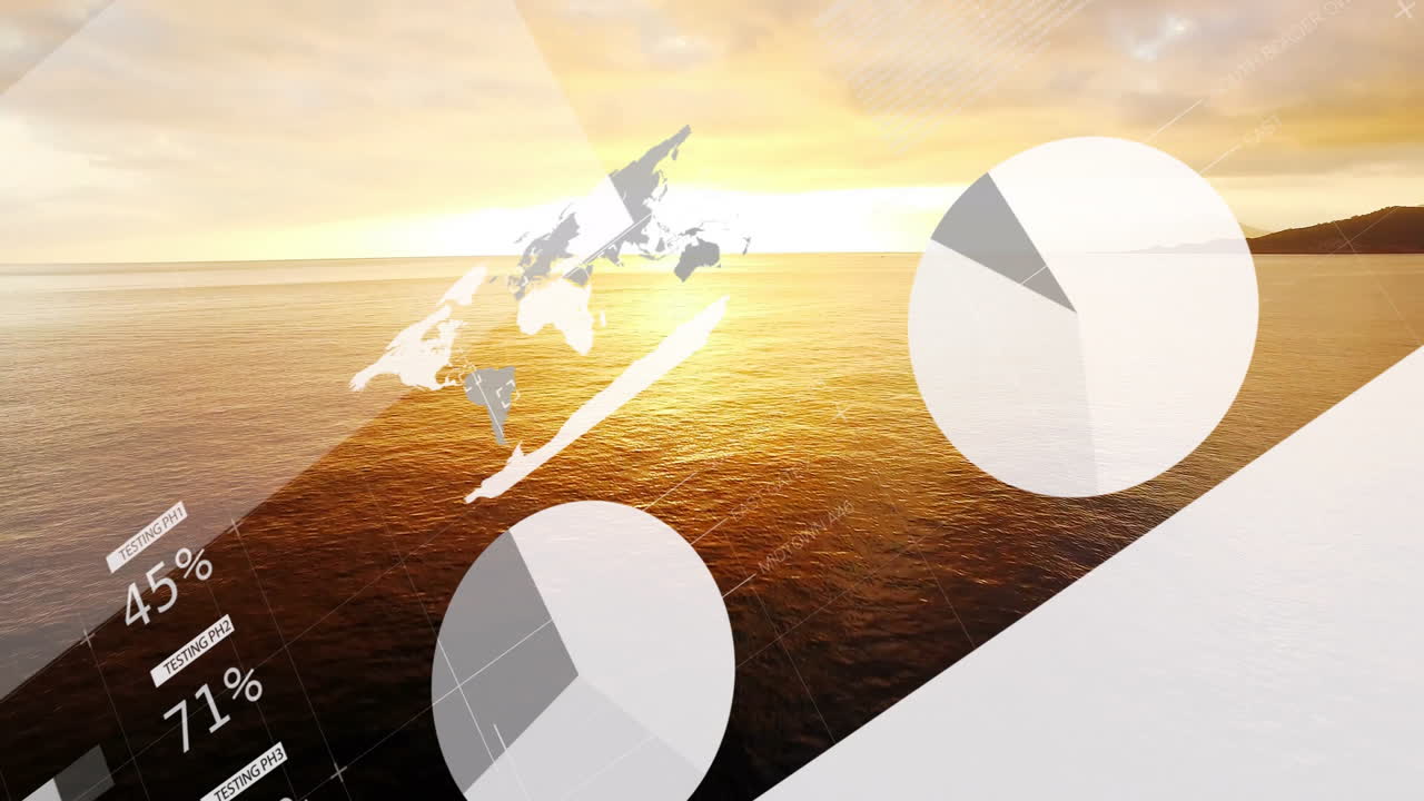 World map and pie chart animation over ocean sunset scene