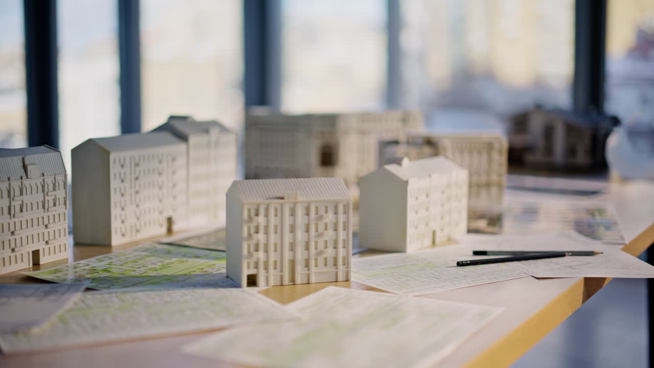 Model rumah miniatur, close up meja kantor. Tata letak tempat tinggal proyek di meja