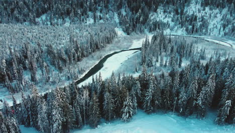 aerial view of train passing by frozen forest and river at glacier national park in winter