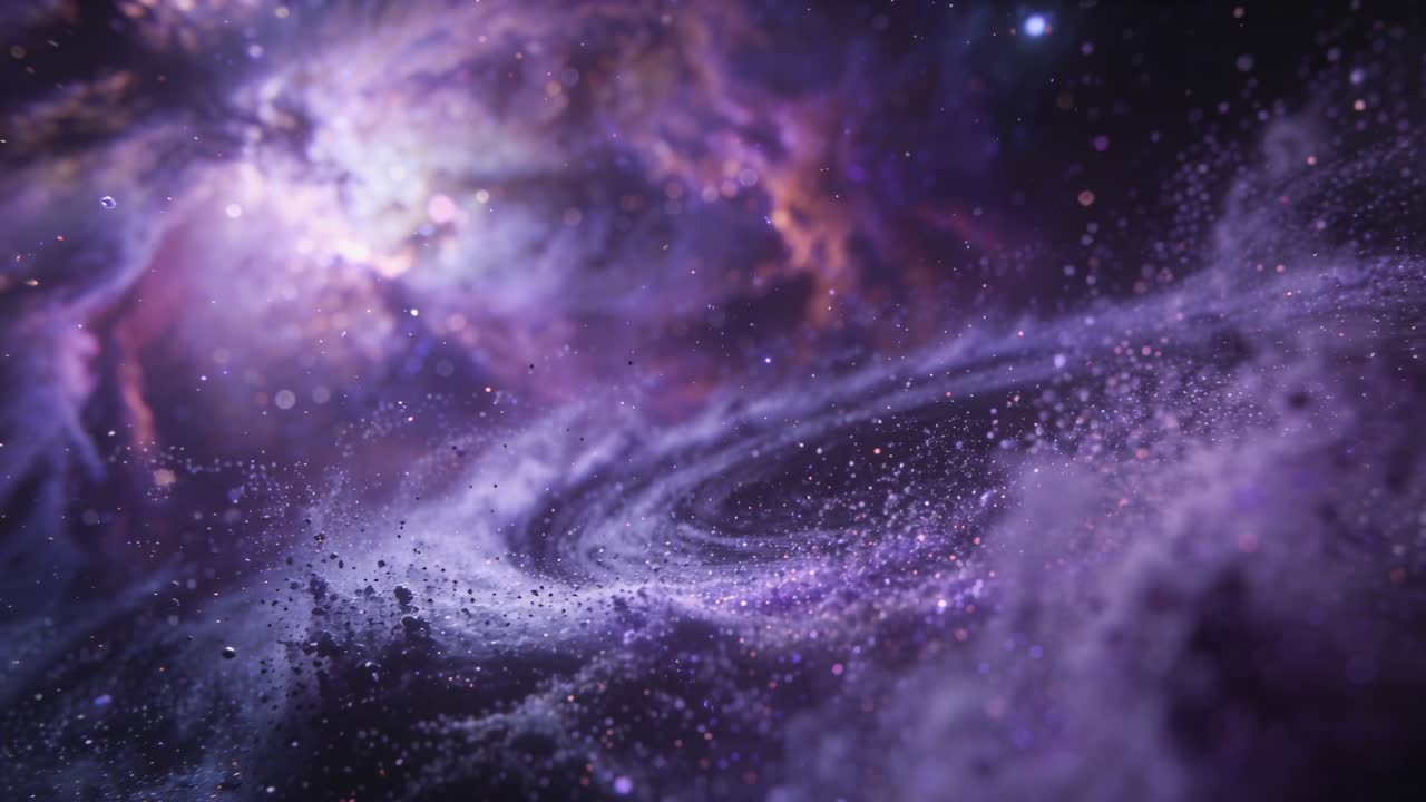 Swirling purple nebula forming spiral in space, left bright cloud pulsing, particles concentrating
