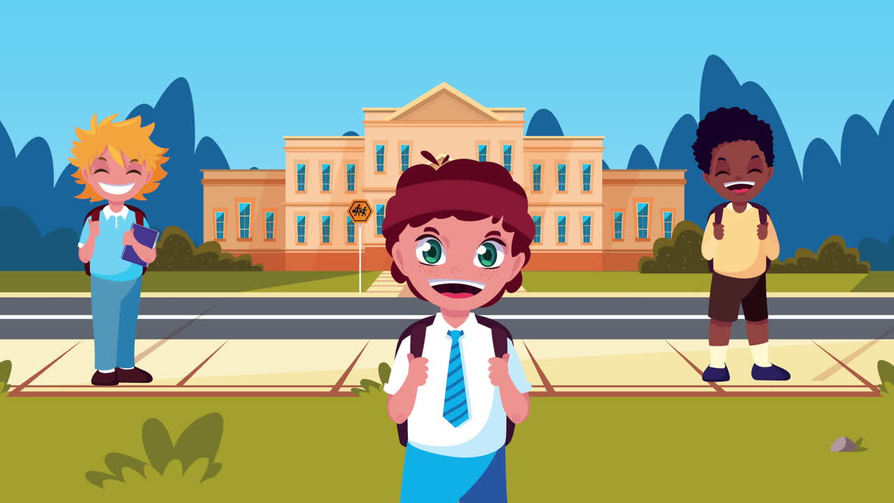 학생들과 함께 학교로 돌아가는 애니메이션 소년