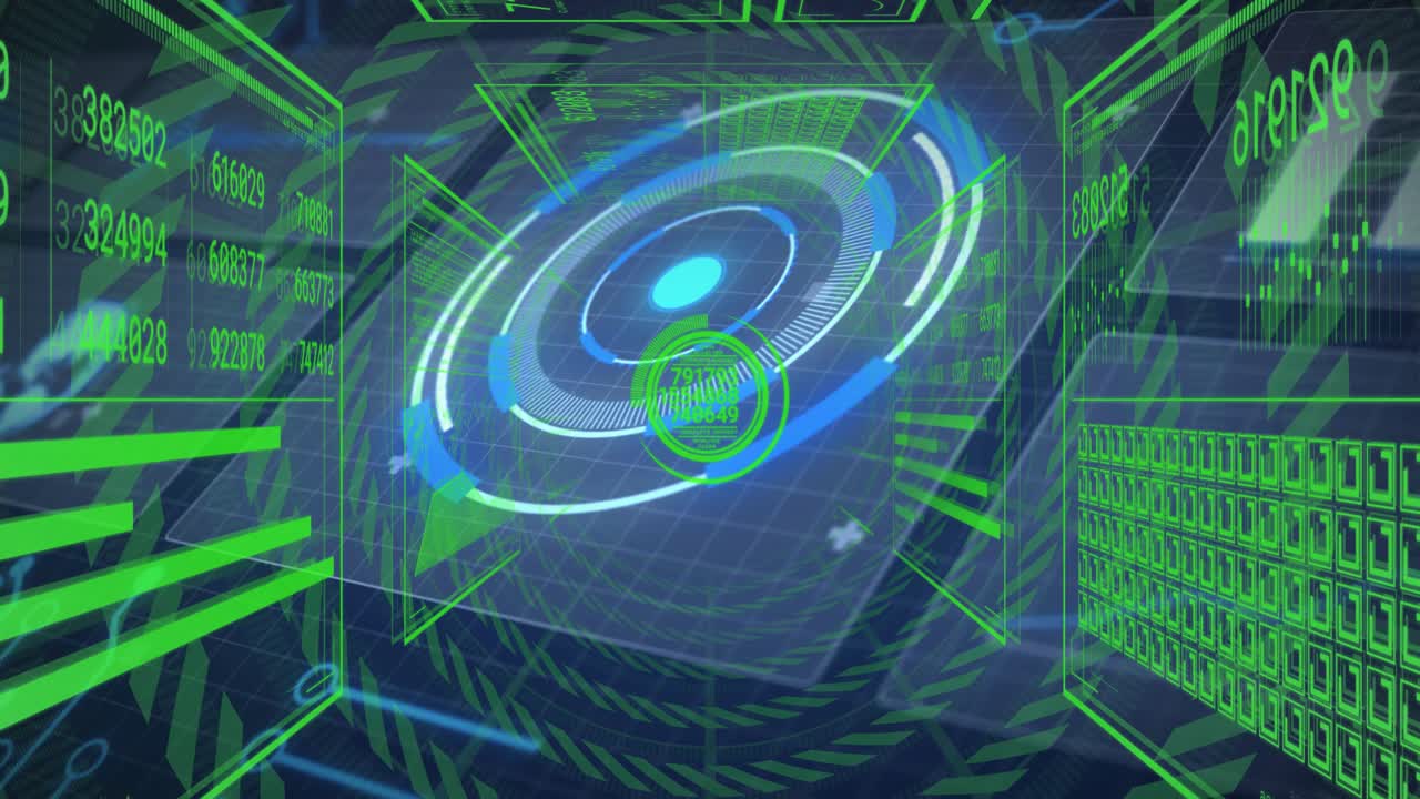 Holo ring spinning, pulsing green core, camera pulling back, revealing wire cube, visualizing data