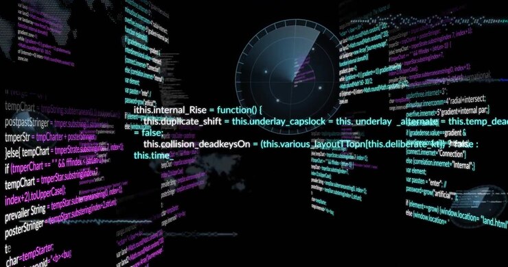 Circular radar display centering interface, floating code panels swirling around map in 3D render
