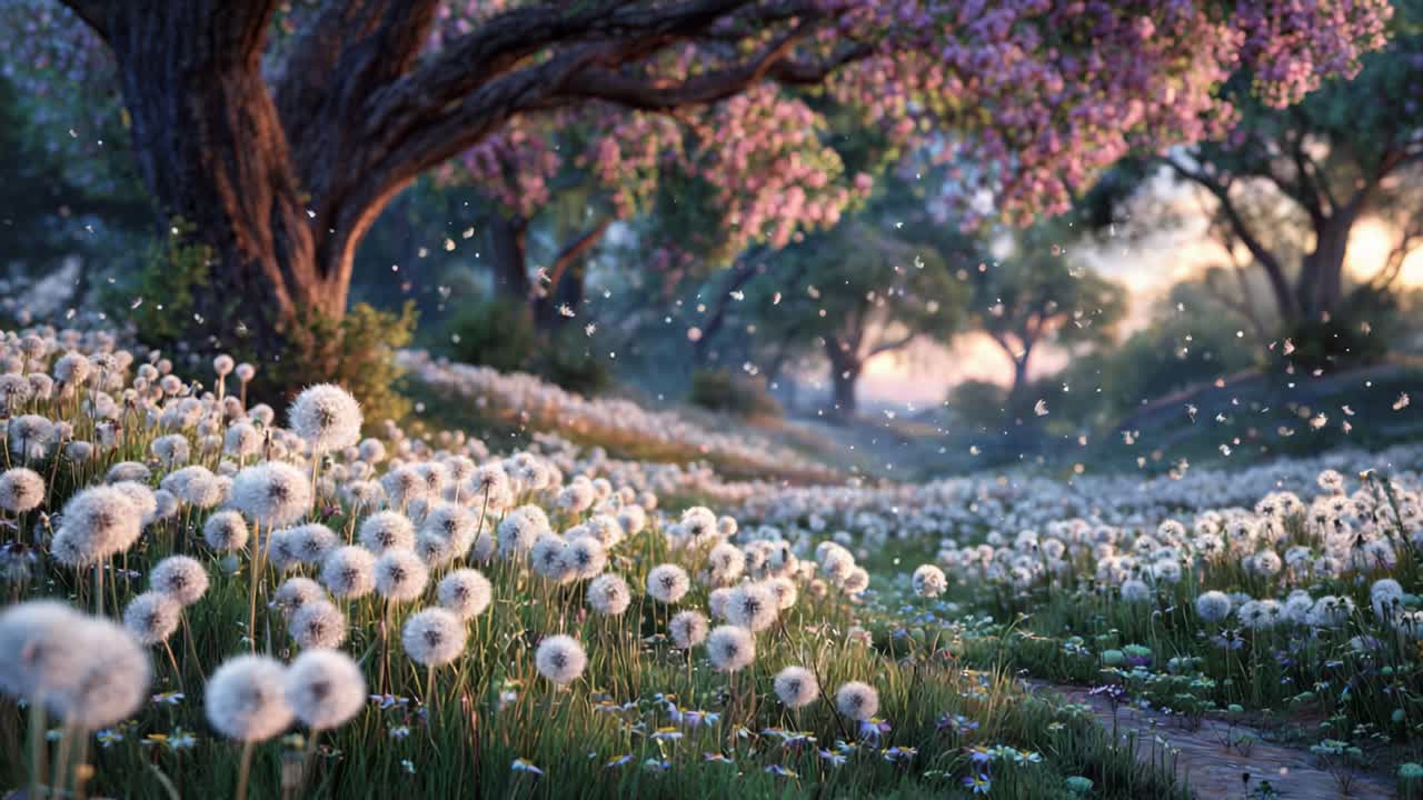 A Serene Landscape of Fluffy Dandelions Under Blooming Trees: Capturing the Tranquility and Beauty of Nature in a Vivid Spring Setting