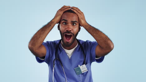 wow, excited face and man with nurse achievement