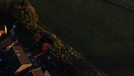 vecindario británico de viviendas vista aérea mirando hacia abajo sobre la madrugada amanecer otoño techos de casas de colores