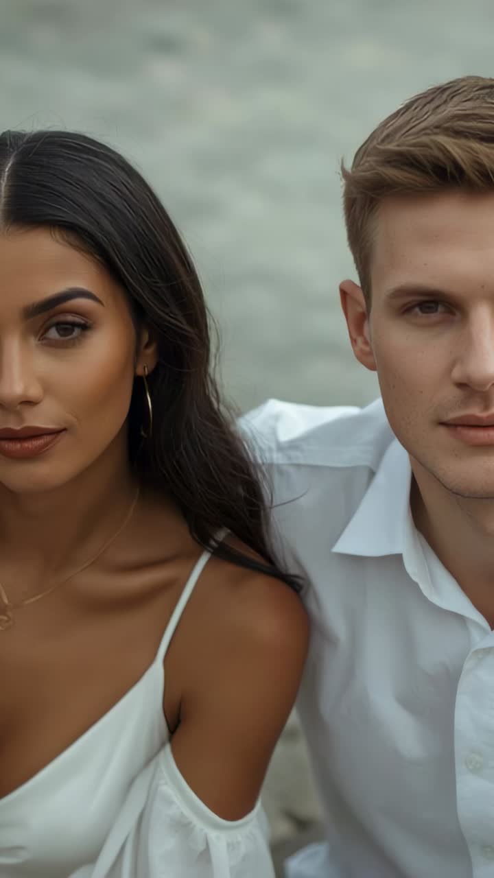 Vídeo vertical: casal posando e trocando olhares na praia, usando camisa branca e blusa de alça com argolas