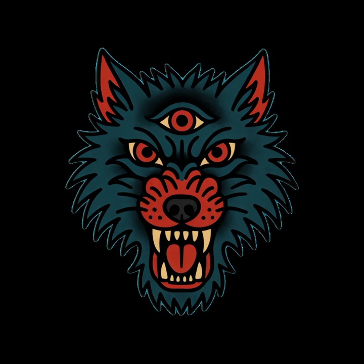Animated Traditional Tattoo Style Three-Eyed Wolf Head