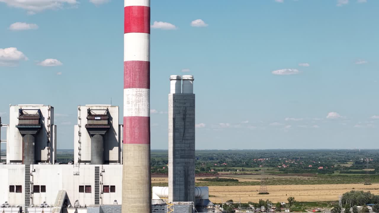 Drone Shot of Coal Power Plant, Machinery, Building and Chimney on Sunny Summer Day