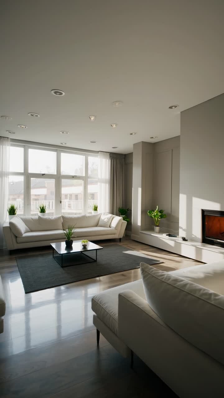 Modern living room with minimalist decor, captured from a low angle