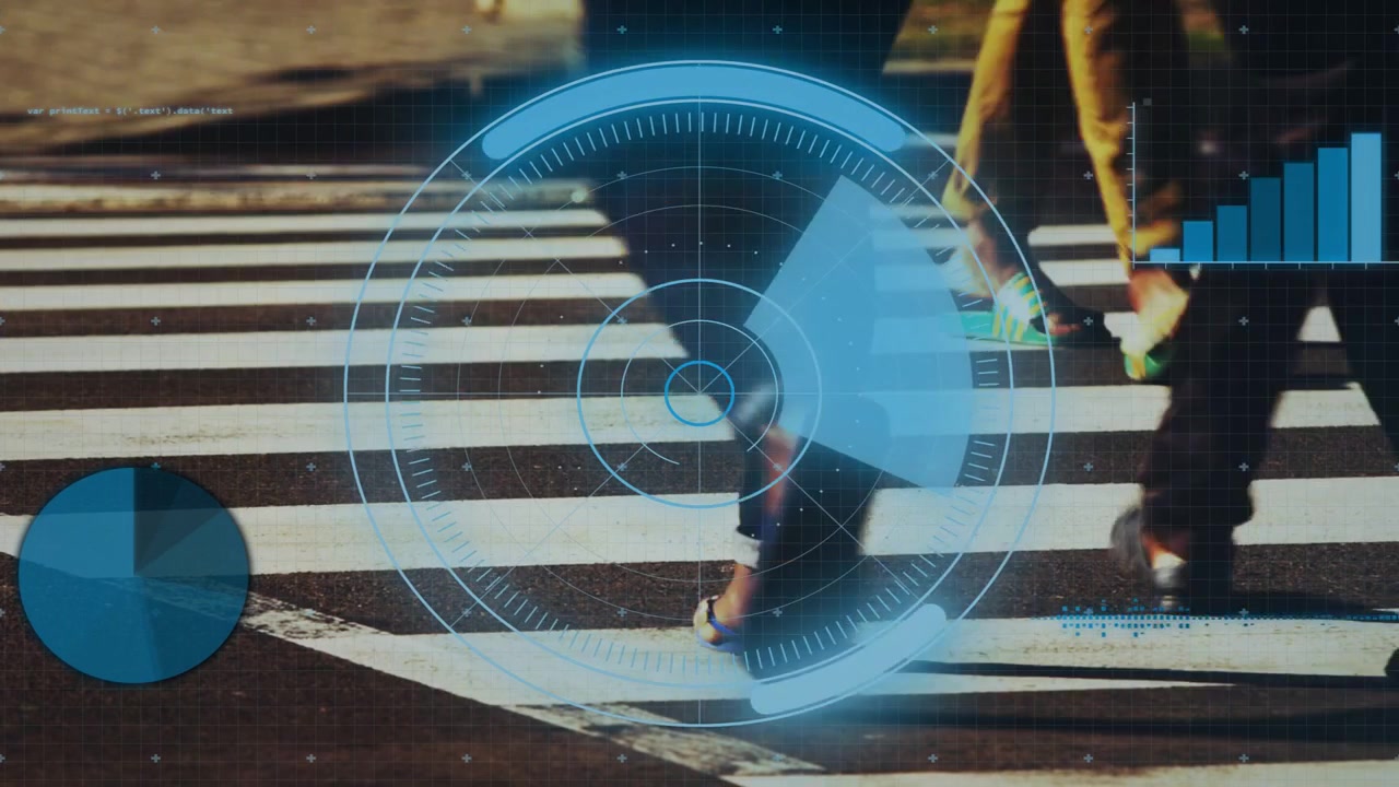 Translucent blue HUD overlay activating on adult pedestrian entering crosswalk, tracking motion
