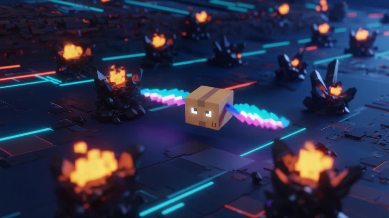 A colorful pixelated creature with vibrant wings glides through a dark, fiery landscape filled with glowing embers and textured terrain, showcasing a blend of fantasy and digital art styles