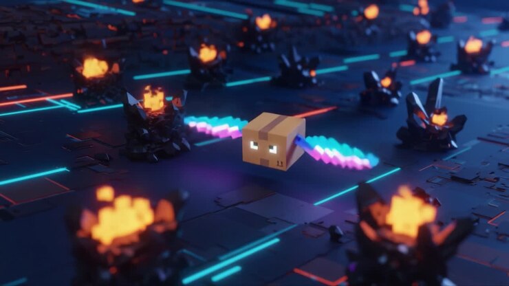 Una creatura pixelata colorata con ali vibranti scivola attraverso un paesaggio oscuro e infuocato, pieno di braci incandescenti e terreno strutturato, mostrando una fusione di stili artistici fantasy e digitali.