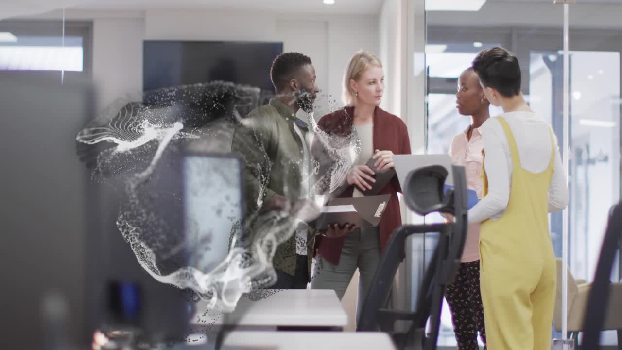 Tech coworkers pointing at tablet notebook around treadmill console generating 3D mesh for analysis