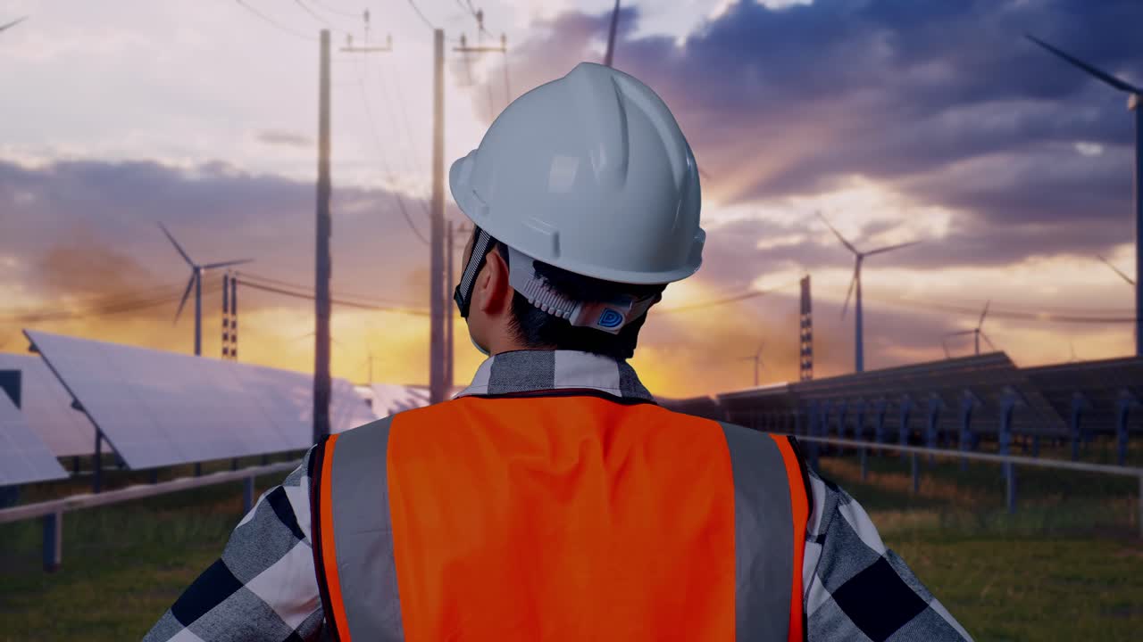 Close Up Back View Of A Male Engineer Wearing Safety Helmet Looking Around While Standing With Arms Akimbo With Solar Panel and Wind Turbines