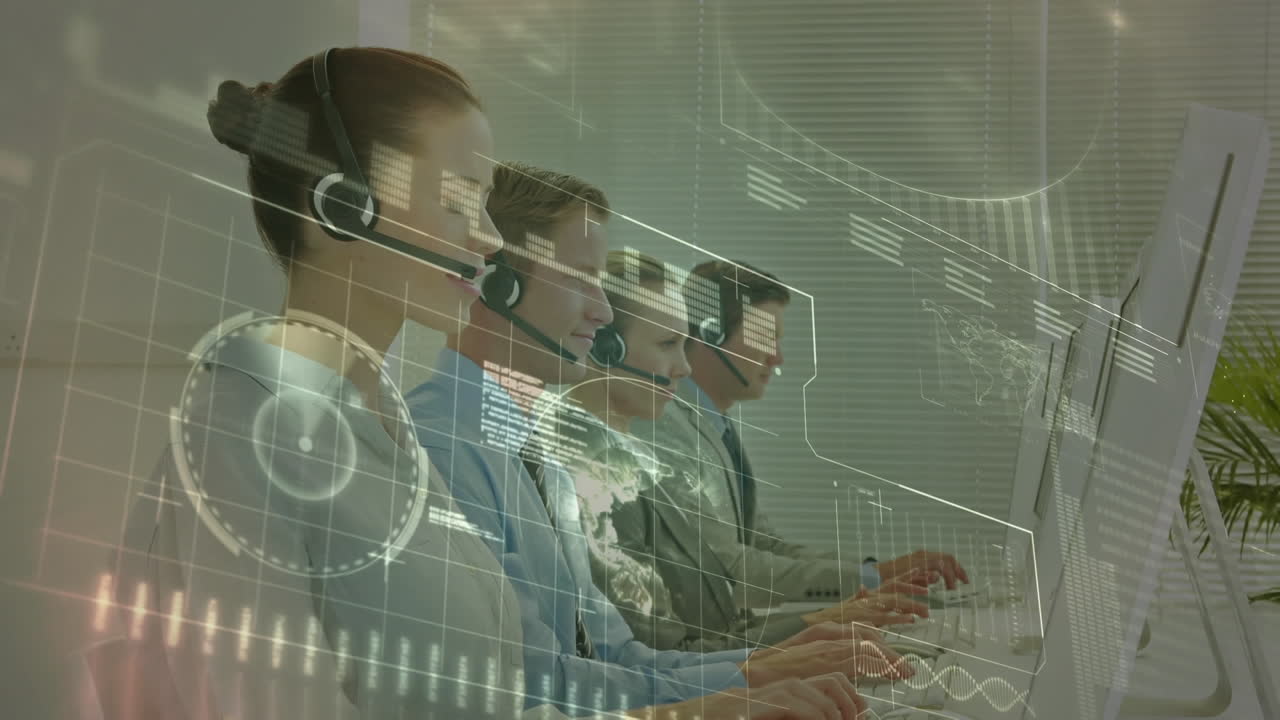 animación del procesamiento de datos financieros sobre personas de negocios que trabajan en la oficina