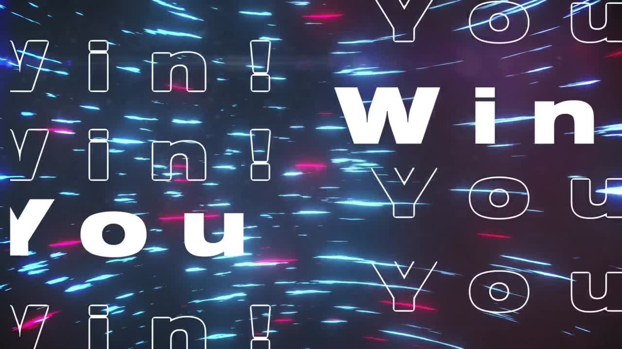Digital animation of you win text against spinning light trails on blue background