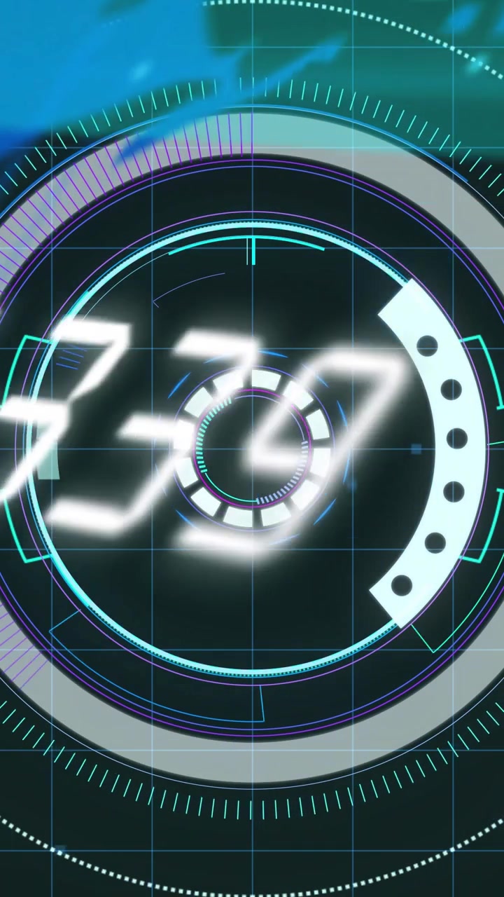 Vertical video: Central HUD rotating as blue sweep enters, particles flowing to form layered effect