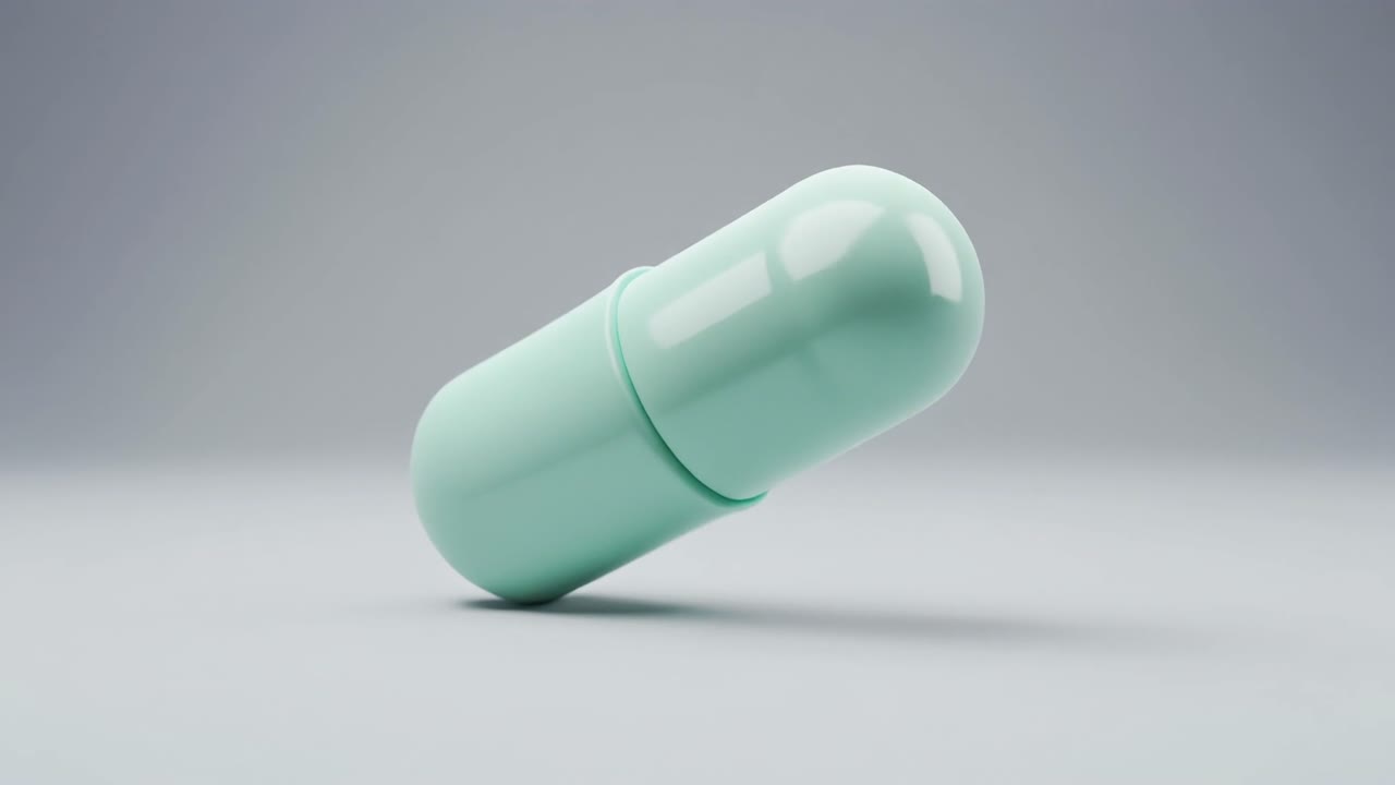 Capsula medica verde che ruota su sfondo grigio